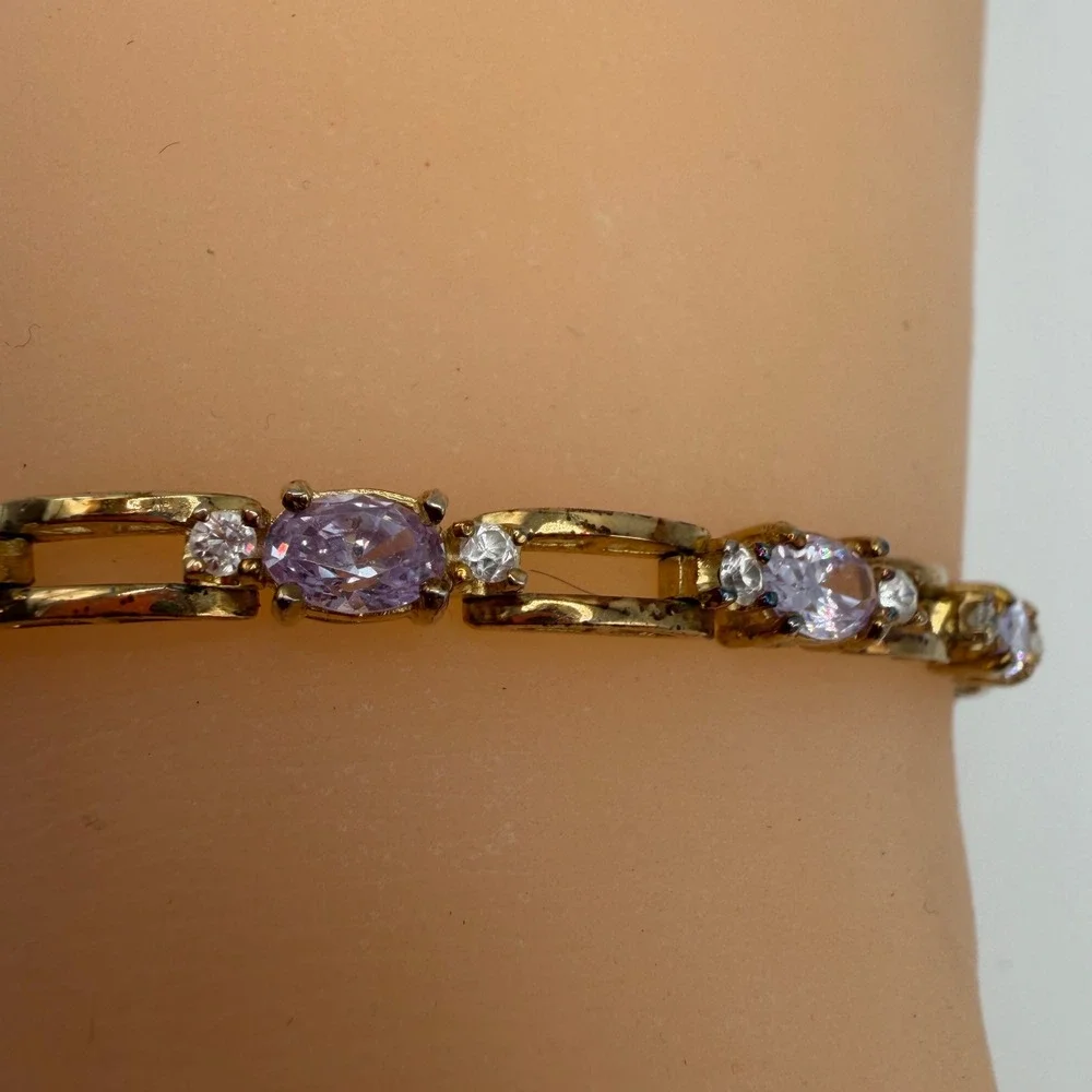 Gold Plated Sterling Silver Lavender Cubic‎ Zirconia Tennis Bracelet